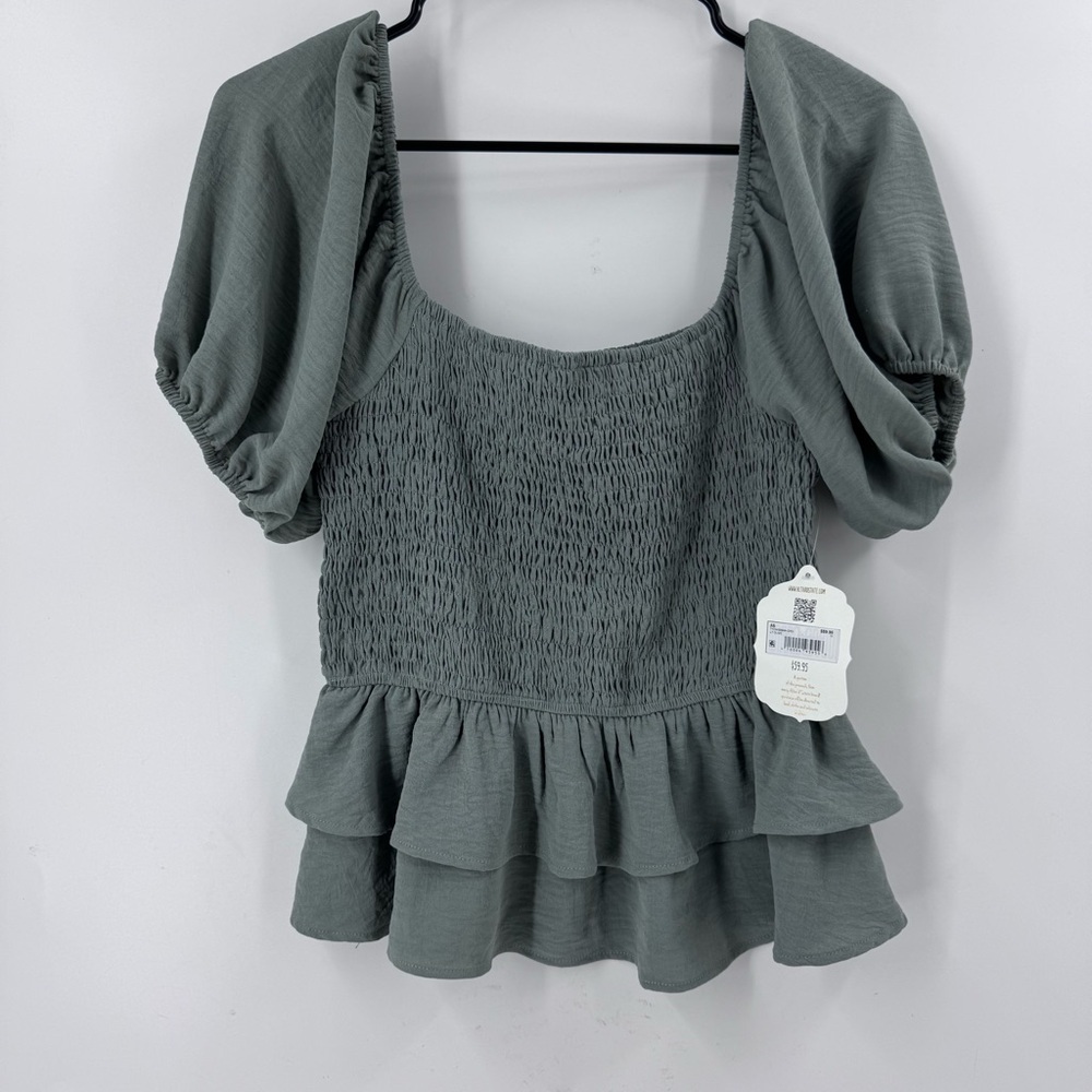 Altar'd State Green Peplum Blouse with Ruffled Short Sleeves - Picture 2 of 8